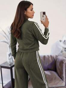 Bộ áo khoác cardigan có khóa kéo và quần ống đứng cho nữ - Trang phục hai mảnh thoải mái, vừa vặn, phối đồ mặc nhà thoải mái - xanh quân đội - Xem 2