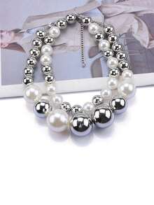 Silver-White Pearl Necklace, Fashionable ZA, New Style, Silver-White Round Pearl Necklace, Chic, Exaggerated, Double-Layer Design, Choker Necklace, For Women, Wholesale - Multicolor - View 5