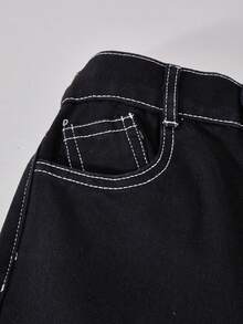 少女纯色休闲工装阔腿牛仔裤 - 黑色 - 查看 3