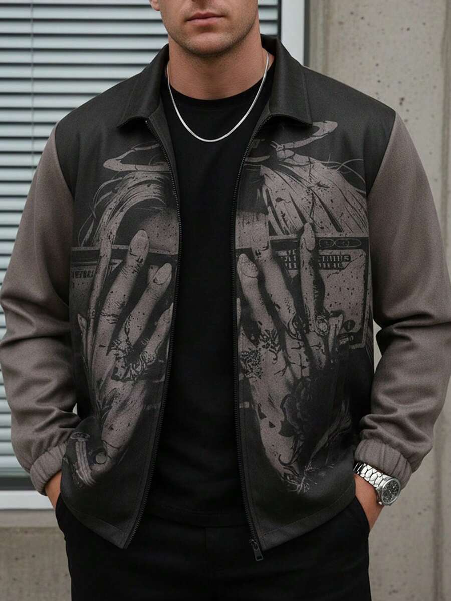 Men's Casual Graphic Print Suede Fleece Collar Jacket, Suitable For Spring And Autumn