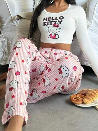 Sanrio 2pcs Women Stitch Print Crew Neck Long Sleeve Top + Elastic Waist Straight Pants Pajama Set