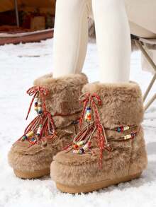 Winter Faux Fur Snow Boots Women Chunky Heel Lace Up Fuzzy Fluffy Beaded Y2k Sweet Dress Outdoor Warm Ankle Short Booties - 駝色 - 查看 4