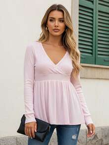 Women's Fall Peplum Tops Fashionable Casual Solid Color Long Sleeve V Neck Ruffle Hem Shirts - 粉色 - 查看 2