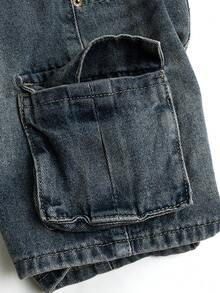 Vintage tvättade jeansshorts för små pojkar, avslappnad passform med flera fickor, bekväma non-stretch-shorts för fritidsbruk