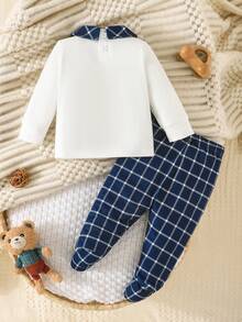 2pcs Newborn Baby Boy Cute Plaid Peter Pan Collar Bear Pattern Top And Plaid Pants Set, Daily Outfit - Blue - View 3