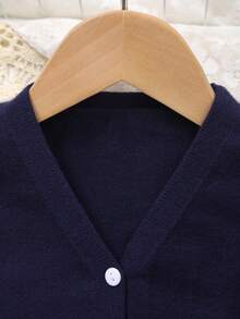 Baby Girls Blue Retro Elegant V-Neck Design Bear Pattern Knitted Cardigan Jacket With Dual Pockets, Suitable For Outings And Gatherings, Dignified And Steady Yet Chic - Navy Blue - View 2