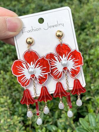 1 par de pendientes de flor con borla de perla roja, pendientes únicos y románticos de flor de acrílico con borla, adecuados para uso diario, fiestas, reuniones, viajes al aire sesiones de fotos