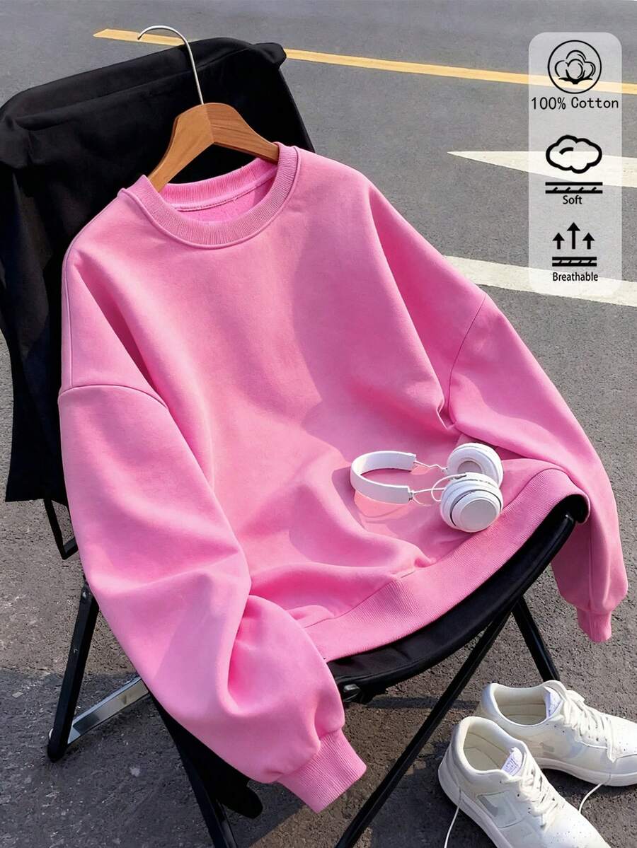 女士落肩卫衣，曲线宽松基础款女式上衣，宽松休闲，百搭街头风，学院风，透气长袖，适合春秋季穿着，女士街头运动上衣。 - 玫紅色 - 查看 1