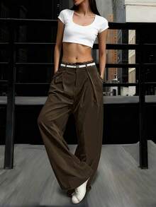 秋冬新款时尚街头风蕾丝腰带宽松灰色高腰直筒低腰女裤，适合秋冬季穿着，也适合万圣节、圣诞节、沙特国庆节、新年、优雅、正式、通勤等场合，以及Y2K千禧年风格。 - 咖啡棕 - 查看 6