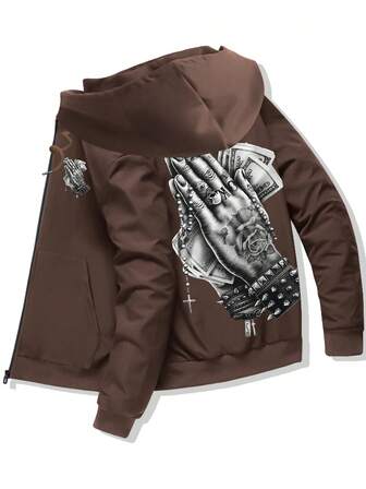 Jachetă pentru bărbați cu glugă și fermoar, cu model unic de amprente digitale, design retro cu buzunare, jachetă sport casual pentru exterior pentru bărbați