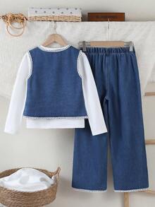 3pcs/Set Tween GirlsOutdoor Casual Outfit - White Long Sleeve Round Neck T-Shirt, Simple Button Denim Vest Jacket, And Wide Leg Long Jeans - Dark Wash - View 2