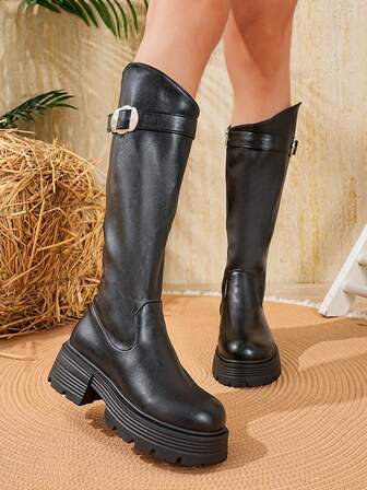 Fall/Winter Women's Metal Plate Design Solid Color Round Toe High-Top Side Zipper Chunky Heel Boots, Edgy Style Street Fashion Cool Outfit, Multi-Occasion Black Dress Boots, Knight Boots