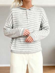 Women Striped Knit Sweater Long Sleeve Button Closure Solid/Stripes Pullover Warm Sweater For Fall Winter - Grey - View 3