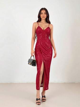 D&M Vestido de fiesta sexy y glamoroso con ajuste ceñido, ondulado, con lentejuelas, cruzado y con abertura en la espalda