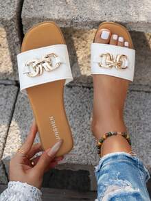 Fashionable Square Toe Flat Slip-On Sandals, Suitable For Teenagers - White - View 4