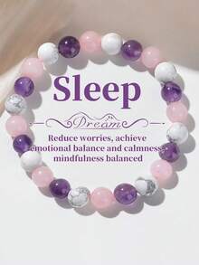 1条时尚8毫米白绿松石-紫水晶-粉晶天然石能量平衡睡眠手链，送给朋友 - 彩色 - 查看 8