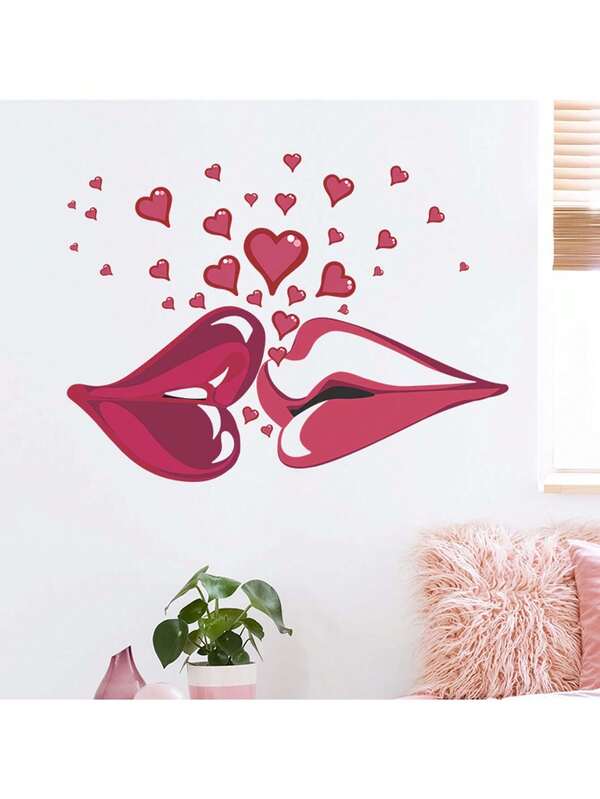 1pc Valentine's Day Couple Kiss Red Lips Heart Decorative Sticker PVC Sticker Removable Self-Adhesive Easy-Tear Sticker Home Decor To Brighten Up Your Life Holiday Decor Stickers Birthday Graduation Gift