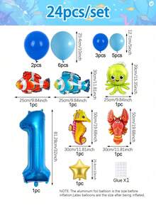 24件組海洋生日氣球套組，包含32英吋藍色數字1-9、迷你海洋動物氣球、藍色乳膠氣球，適合水下主題生日派對、男孩生日、海洋動物氣球、泳池海灘派對 - 彩色 - 查看 3