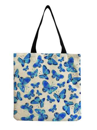 Vintage blå fjärilstryck tygväska, rymlig strandväska för resor, trendig avslappnad handväska, sött tecknat djurmönster, återanvändbar shoppingväska, utmärkt present till fjärilsälskare