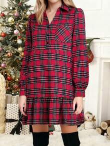 Women's Plaid Fall Dress Fashionable Casual V Neck Half Button Front Long Sleeve Ruffle Hem Dress - Red - View 3