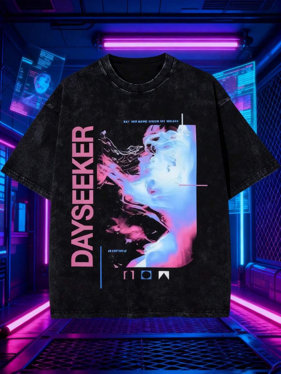 Retro Washed Cotton Men's T-Shirt, Dayseeker Print T-Shirt - Black With Pink And Blue Accents, Crew Neck, Suitable For Everyday Casual Wear And Individualistic Styles - Streetwear, Modern Art Design - 黑色 - 查看 1
