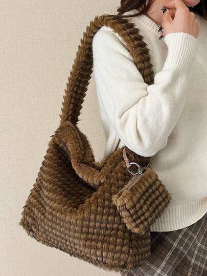 Minimalist Plush Tote Bag, Fashionable Casual Travel Bag, Retro Shoulder Bag With Small Pouch, Suitable For Women's Daily Shopping Or Commuting