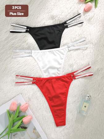 3条装舒适亮面腰带加大码女士低腰丁字裤