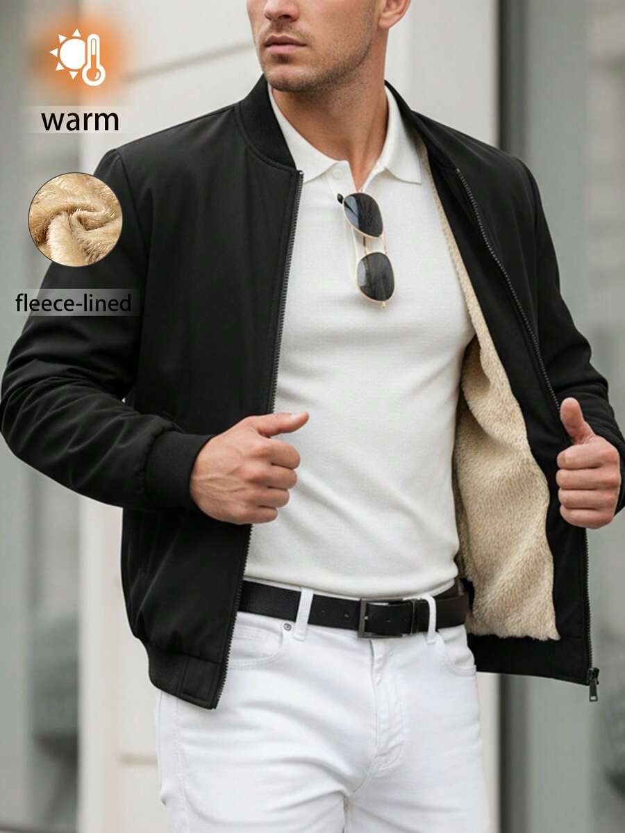 男士保暖纯色棒球领保暖内衬夹克，冬季 - 黑色 - 查看 1