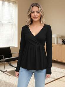 Women's Fall Peplum Tops Fashionable Casual Solid Color Long Sleeve V Neck Ruffle Hem Shirts - 黑色 - 查看 3