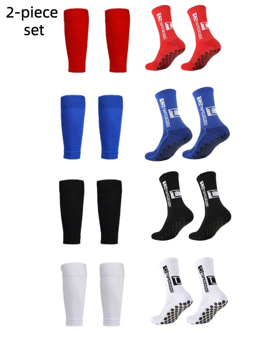 2 Pairs Men's Mid-Calf Sports Leg Sleeves, Non-Slip Shock-Absorbing Comfortable Breathable Compression Leg Guards For Football - Multicolor - View 1