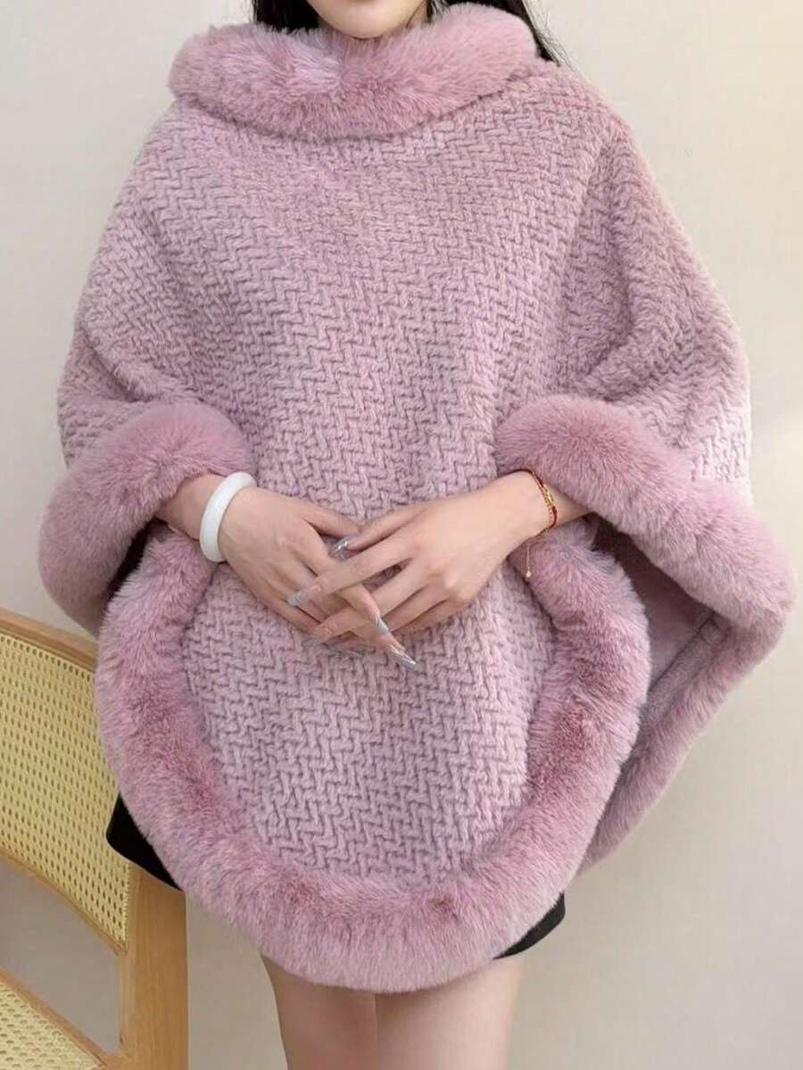1pc Knitted Textured Women Hooded Poncho Shawl, Soft Faux Rabbit Fur Collar, Loose Fit Autumn/Winter Outerwear Cape For Dress - Hồng - Xem 1