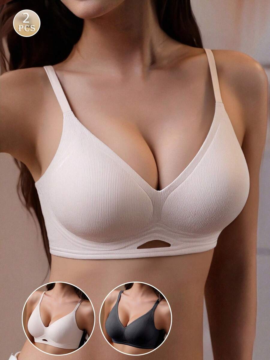 Bộ 2 áo ngực không gọng, màu trơn và kẻ sọc, nâng đỡ, áo ngực thể thao. - Nhiều màu - Xem 1