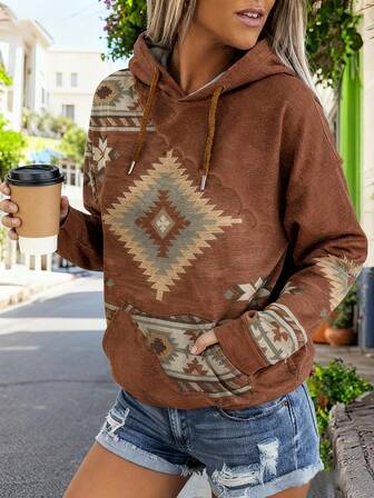 Geo Print Kangaroo Pocket Drop Shoulder Drawstring Hoodie