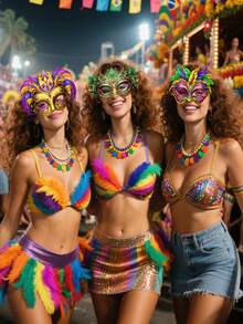 12/6pcs/Carnival Masks Paper Costume Party Masks (12 Styles) Carnival Parade & Dance Supplies Purple, Green, Yellow Feather Masks Party Favors For Men & Women Carnival-Themed Decor & Party Supplies - Multicolor - View 4