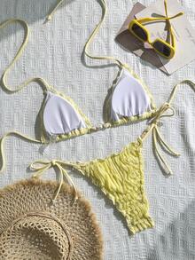 女士夏季海滩度假派对特制纯色纹理面料露背系带开衩比基尼套装 - 黃色 - 查看 2