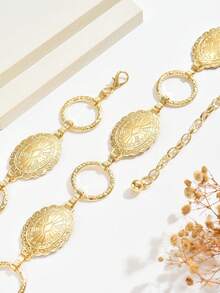 1件复古时尚个性化金属花卉图案做旧圆环拼接腰链，波西米亚风百搭腰带、裙链、裤链，适合女性日常及派对穿着 - 金色 - 查看 3
