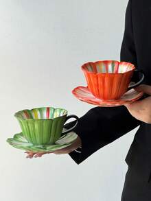 一套彩色线条花卉陶瓷咖啡杯碟，手绘可爱马克杯，适合居家聚会、装饰、生日、情人节、婚礼、派对、送礼等场合。 - 彩色 - 查看 8