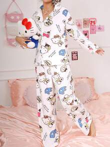 SANRIO Pajamoom 女士两件套睡衣，白色，保暖， 家居服，字母和卡通印花，翻领，睡衣，可爱家居服套装，蓬松冬季服装 - 白色 - 查看 2