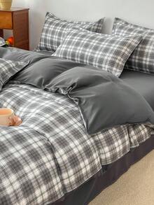 灰色格子四件套床上用品（1个被套、2个枕套、1个床单），可爱优雅风格，无填充，亲肤舒适，适用于单人/双人床，四季皆宜。 - 灰色 - 查看 4