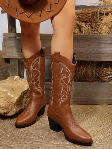 FVPFVP 2024 Autumn New Genuine Leather Pointed Toe Cowboy Boots, Retro Western Style Knee-High Boots For Women - Brown - View 4