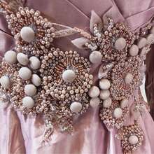 Lotus Pink Silk Taffeta Deep V-Neck Evening Gown, Vintage Palace Style Handmade Beaded Embroidery A-Line Maxi Dress - Dusty Pink - View 4