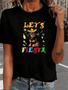 Lass uns Fiesta Dackelhund mexikanisches Cinco De Mayo T-Shirt Damen T-Shirt Grafik-T-Shirts Crop Tops Outfits Tops T-Shirt - Schwarz - Übersicht 1