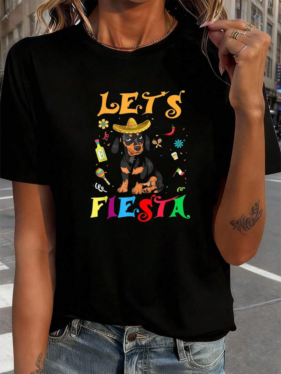 Lass uns Fiesta Dackelhund mexikanisches Cinco De Mayo T-Shirt Damen T-Shirt Grafik-T-Shirts Crop Tops Outfits Tops T-Shirt - Schwarz - Übersicht 1