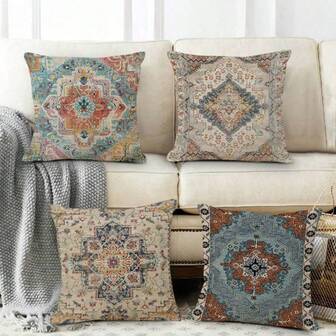 4pcs Bohemian Style Vintage Abstract Floral Geometric Pattern Printed Soft Comfortable Polyester Pillow Covers, 45x45cm (17.72x17.72inch), Zippered, Machine Washable, Suitable For Home Decor, Living Room, Bedroom, Garden, Office, Cafe, Hotel, Outdoor (Cushion Covers Only - Insert Not Included)