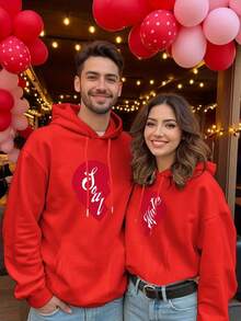 Sudadera con Capucha de Estampado Geométrico en Forma de Corazón para Parejas - Suyo y Mío, Sudadra Dividida Negra/Roja a Medio Cuerpo, Pullover Largo Con Bolsillo Lavable A Mano Regalo Ideal Para Aniversarios Bodas San Valentín, Suéteres para Parejas, Huddy de Impresión para Parejas, Sudadera para Parejas, Conjuntos a Juego para Parejas, Sudaderas para Parejas, Sudaderas a Juego para Parejas, Sudaderas con Capucha Gráficas para Hombres, Sudadera para Parejas - Prenda Individual Roja para Mujer - Ver 6