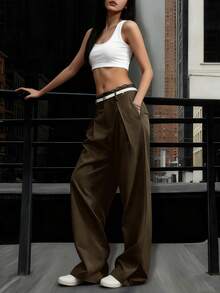 秋冬新款时尚街头风蕾丝腰带宽松灰色高腰直筒低腰女裤，适合秋冬季穿着，也适合万圣节、圣诞节、沙特国庆节、新年、优雅、正式、通勤等场合，以及Y2K千禧年风格。 - 咖啡棕 - 查看 5