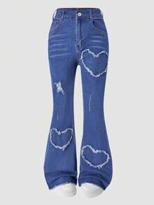 女童前口袋破洞裤脚牛仔裤，休闲Y2K复古喇叭弹力牛仔裤，适合日常穿着 - 藍色 - 查看 1