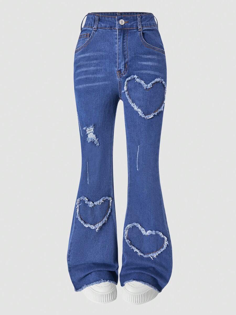 女童前口袋破洞裤脚牛仔裤，休闲Y2K复古喇叭弹力牛仔裤，适合日常穿着 - 藍色 - 查看 1