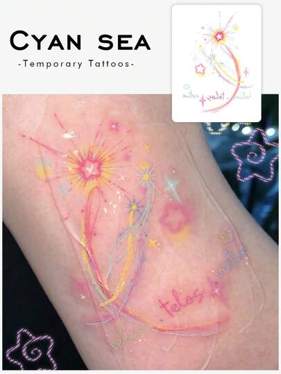 1张情人节临时纹身贴纸，Y2K风格艺术梦幻星爆涂鸦图案，防水防汗，可水洗，不反光，模拟纹身效果，可贴于手臂和肩膀，适合时尚人士，可持续3-5天
