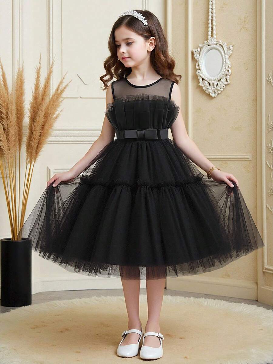 纯色蝴蝶结装饰薄纱优雅连衣裙，适合生日派对，不含头饰 - 黑色 - 查看 1